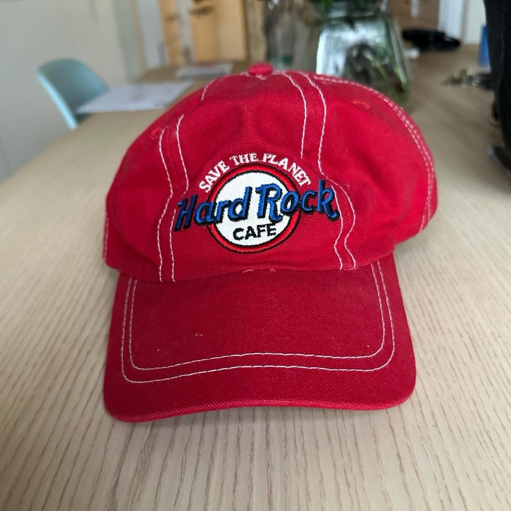 Hard Rock Cafe Red Baseball Cap with White Stitching and Blue Logo